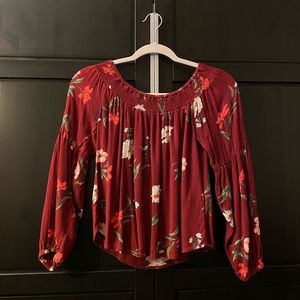 Burgundy Hollister size xs off-the-shoulder blouse with cute flowers on it